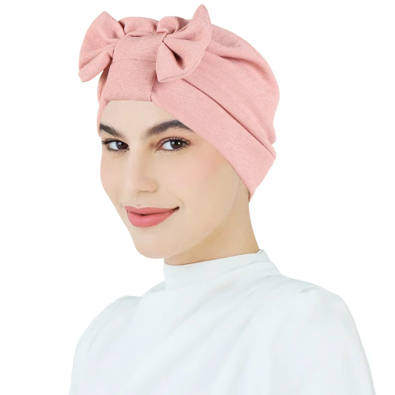 KepaHoo Solid Color Bow Turban Cap Women Muslim Hijab Islamic Chemo Cap Head Scarf Ladies Head Wrap Indian Hat