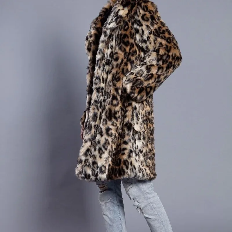 Luxury Men's Leopard Print Suit Overcoat Mid-length Rabbit Fur Winter Warm Thicken Faux Fur Coat Men Mens Fur Trench Coat New