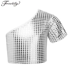 Kid Girl Shiny Sequins Crop Top One Shoulder Jazz Latin Dance Shirt Carnival Festive School Show Dancewear for Stage Performance