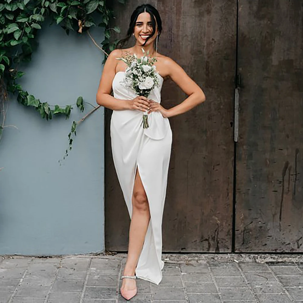 Vestido de novia Sexy sin tirantes crepé, prenda de vestir de talla grande elástica con abertura alta, lazo de satén fruncido, minivestido de novia Maxi elegante