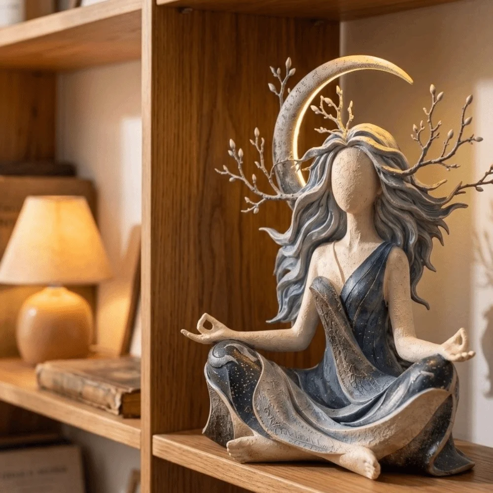 Flowing Hair Sun Moon Goddess Resin Statue Zen Style Branches Leaves Serenity Goddess Figurine Abstract Hand‑Painted