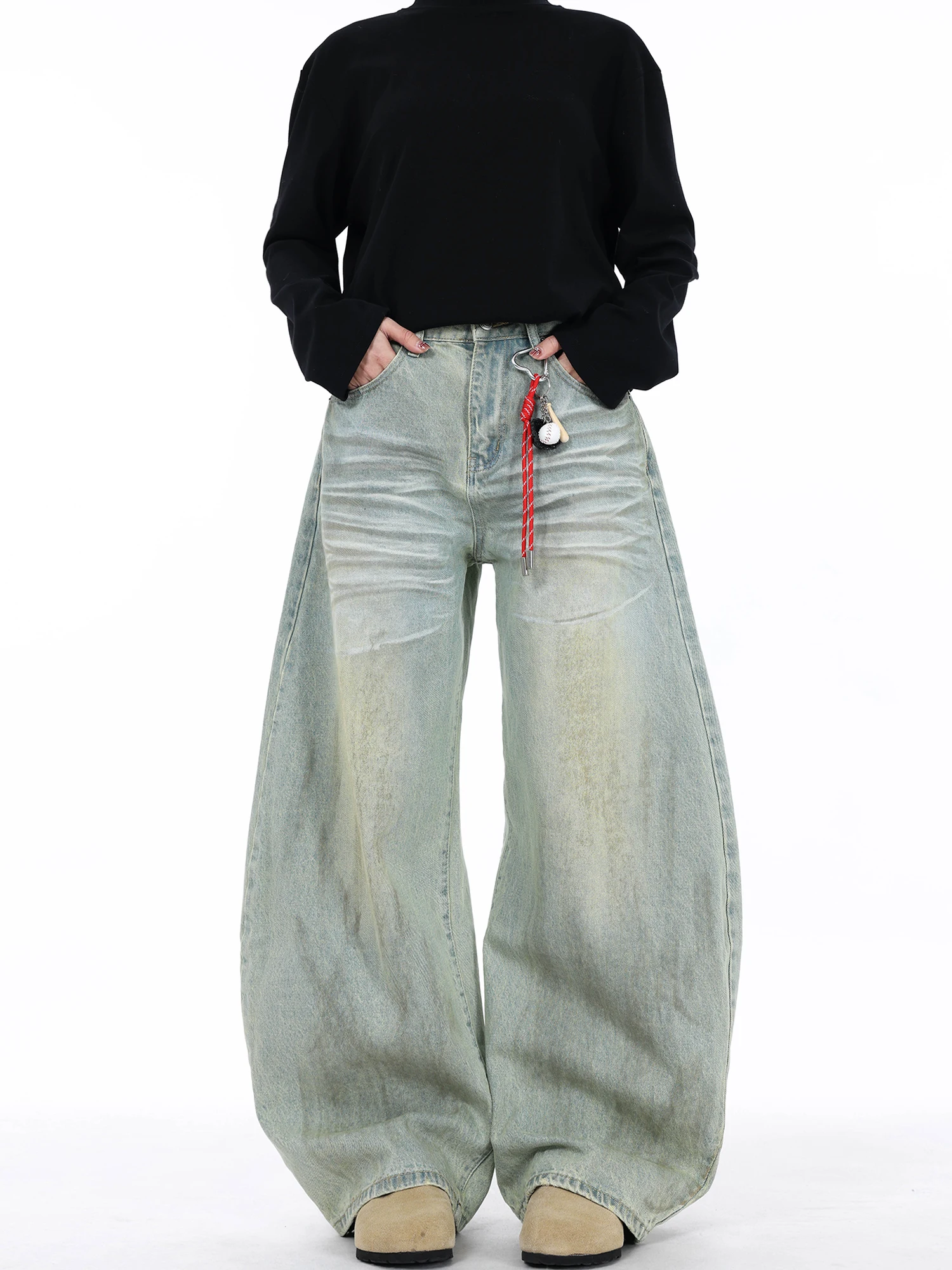 

FILFR American Retro Aalyptic Sle Wide Leg Knife Jeans Men Women Loose Casual Waed Dyeing Jeans Youth Trend