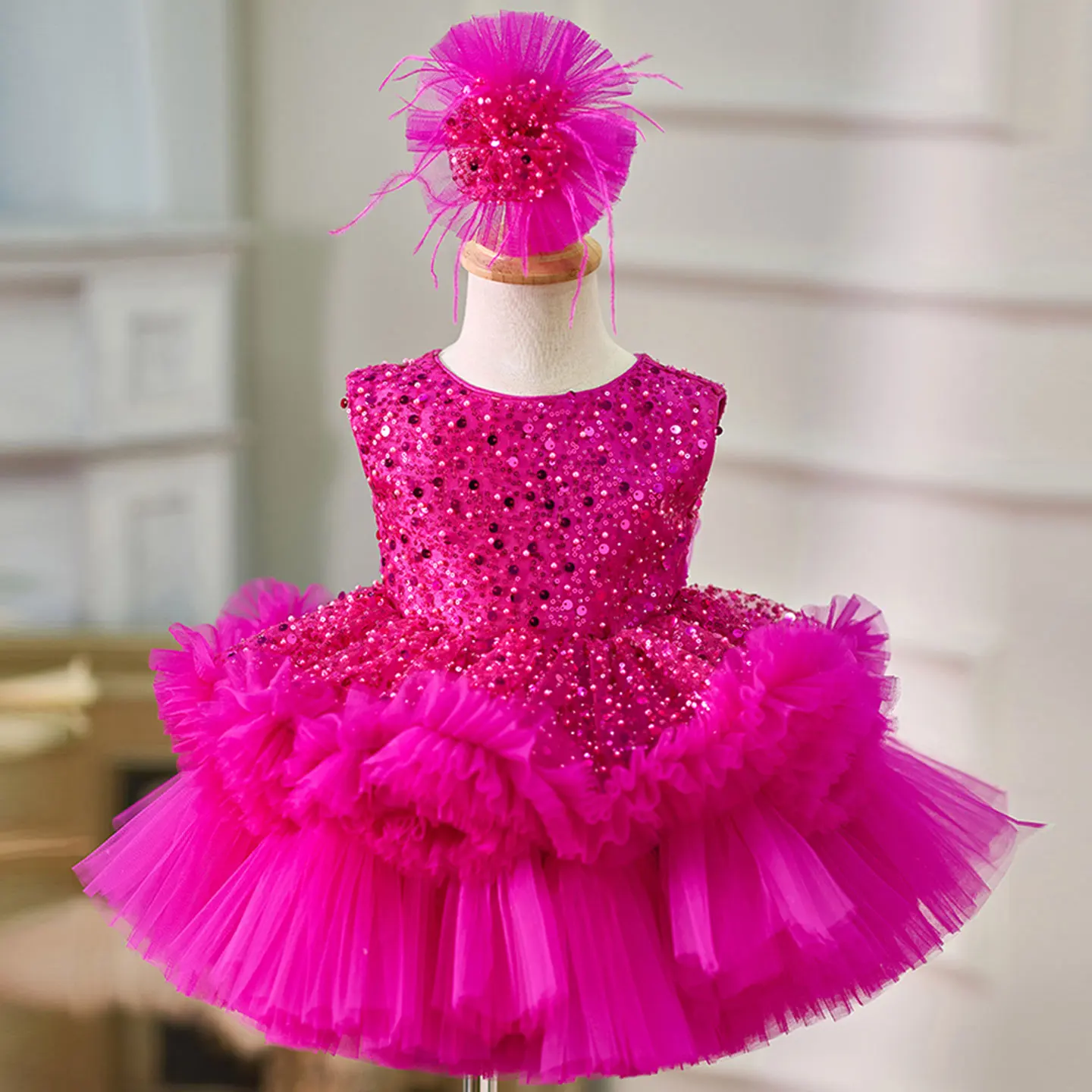 Jill Wish Elegant Fuchsia Baby Beading Lace Flower Girl Dress with Bow Knee Length Princess Wedding Birthday Party Gown J049