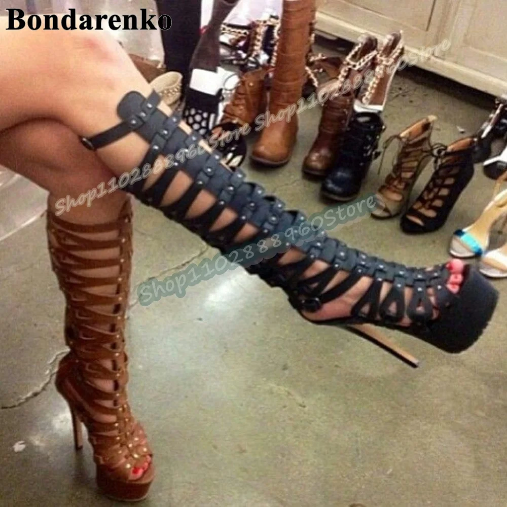 Stijlvolle kniehoge bruine lederen band platform sandalen dunne hoge hak damesschoenen terug rits peep toe party zapatos para mujer