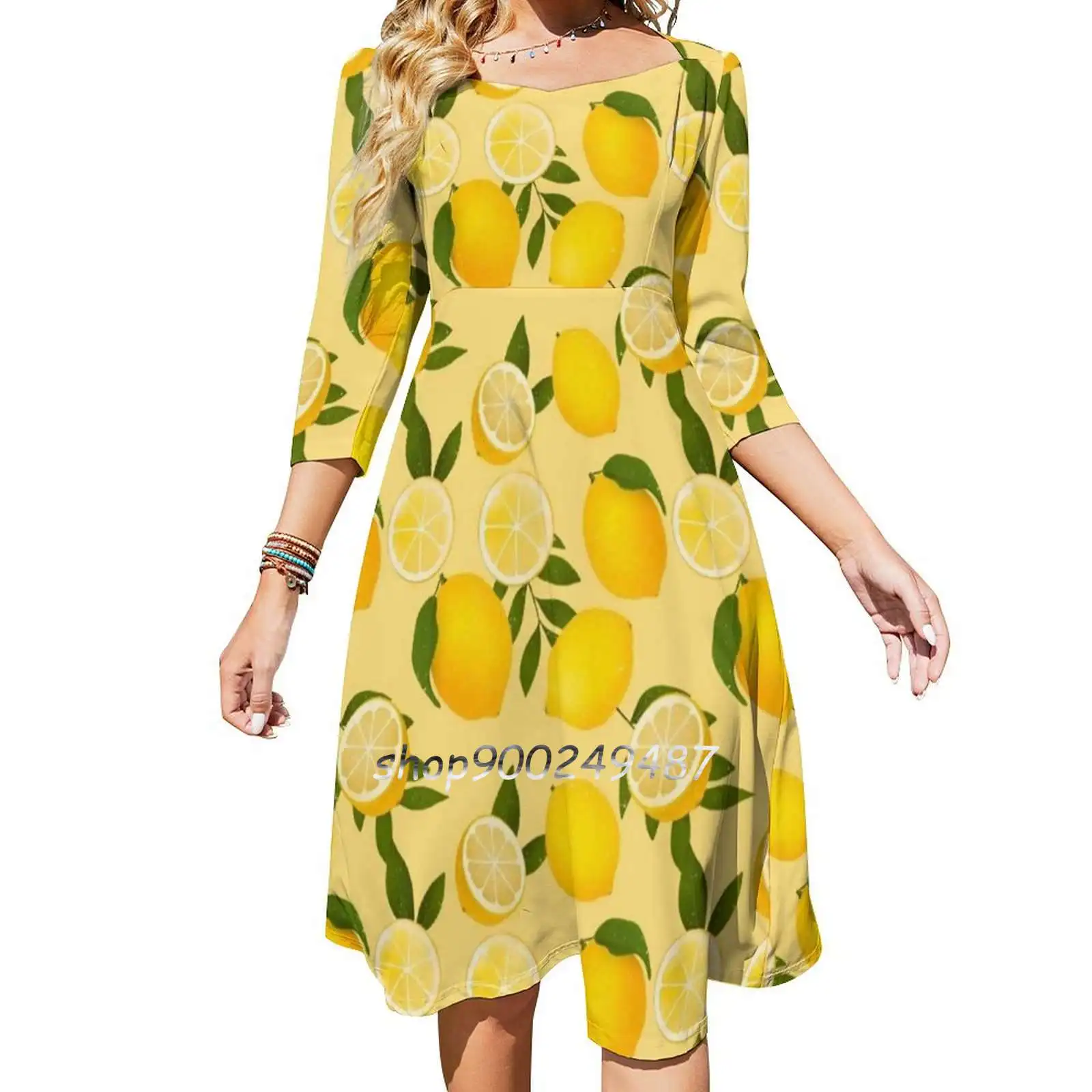 Lemon-Lemon Flare Dress Square Neck Dress Elegant Female Fashion Printed Dress Lemon Sour Fruit Garden Kitchen Pattern Surface