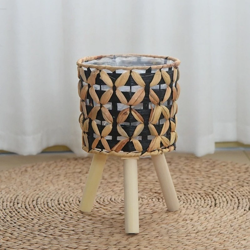 Hand-woven Floor-standing Hollow Potted Rattan Balcony Gourd Grass Flower Pot Plant