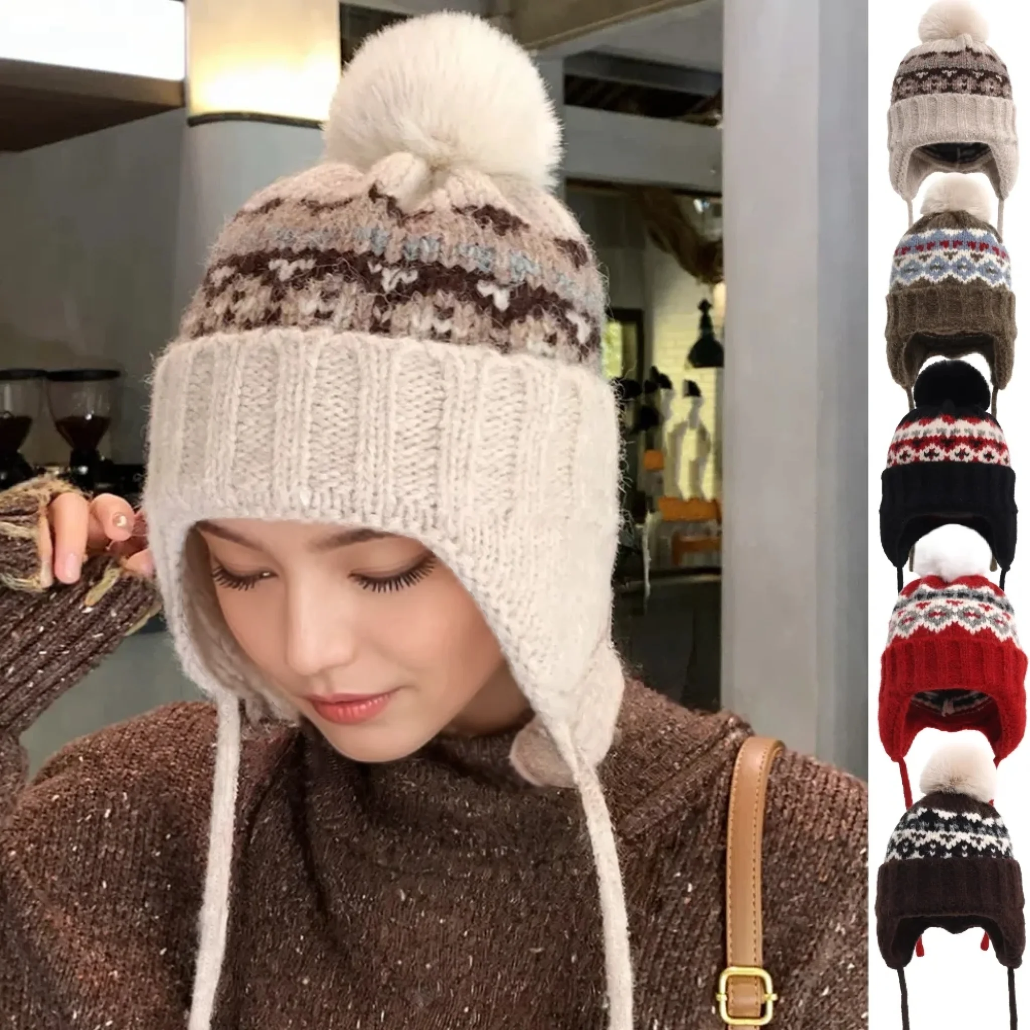 New Style Fashion Beanie Hats Winter Warm Pompoms Cap Chic Beanies For Women Lozenge Pattern Winter Knitted Girl Hats Gift