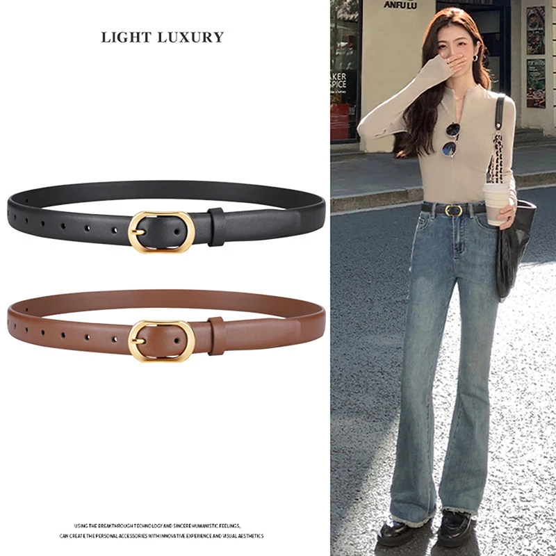 

New Women's Thin Belt Trend Golden Buckle Belt PU Leather Paired With Long Pants Jeans Belt Soft Cheap Belt Youth Belt