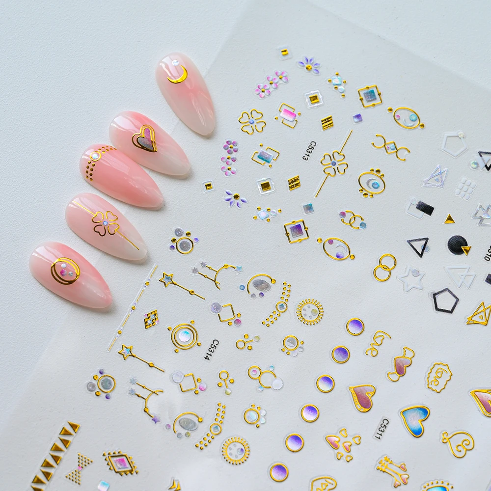 15Pcs Bronzing Iridescent Pattern Nail Sticker 3D Luxury Gold Side Pink/Purple Flowers Stickers Self-adhesive Laser Nail Slider