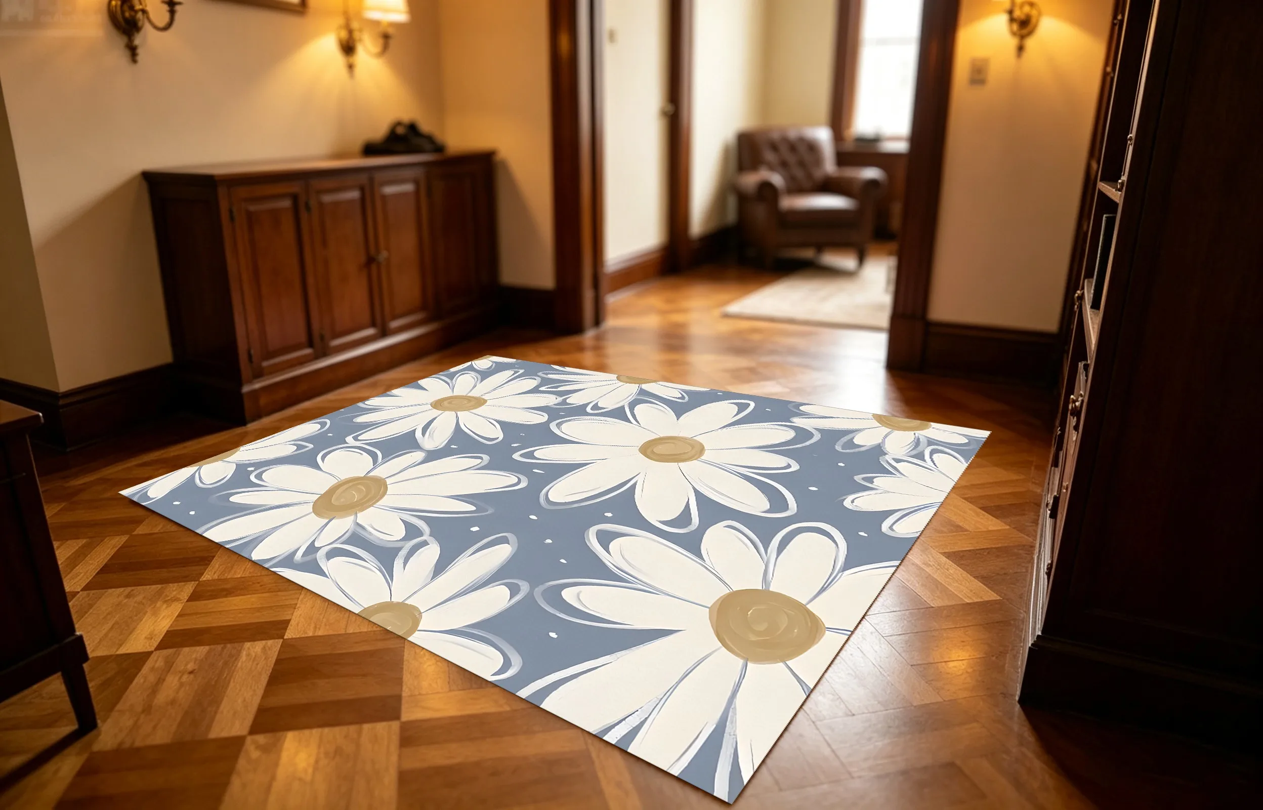 Hand-Painted Daisy Print on a Misty Blue Background, Perfect for a Fresh, Spring-Like Look This Velvet Rug Can Be Used in the Bedroom, by the Bedside, or in the Living Room to Create a Soothing and Warm Atmosphere.