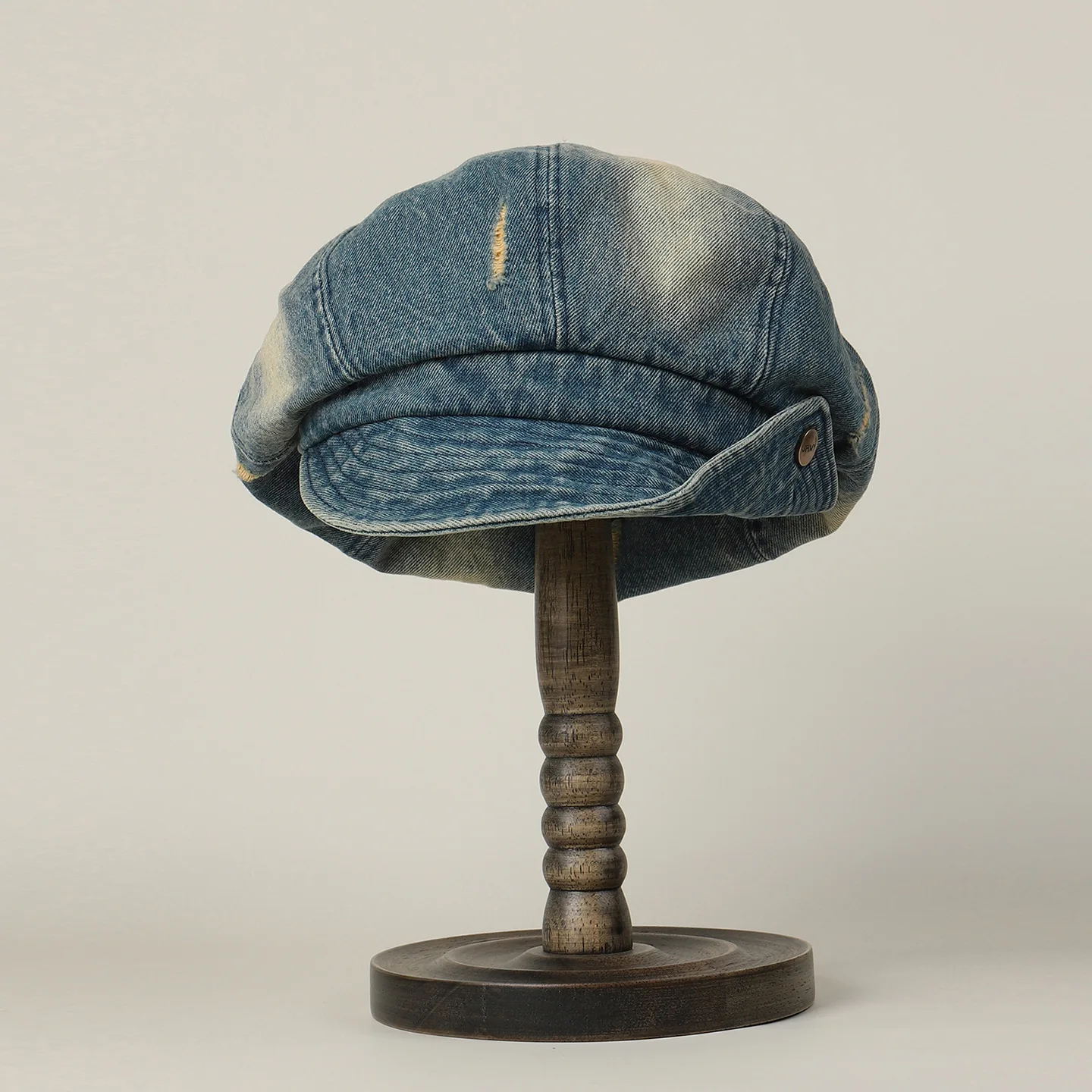 WomenJapanese Vintage Washed Denim Cloud Puffy Top Octagonal Newsboy Cap Distressed Ripped Peaked Autumn Trendy Casual Beret Cap