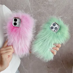 Fashion Warm Fur Fuzzy Phone Case For iPhone 16 Pro 14 13 12 15 Pro Max Cover Cute Color Fluffy Soft Silicone Cases Girls Funda