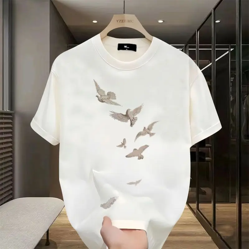 2024 New Minimalist Summer Printed Round Neck Men\'s Loose and Fashionable Korean Version Versatile Short Sleeved T-shirt Tops