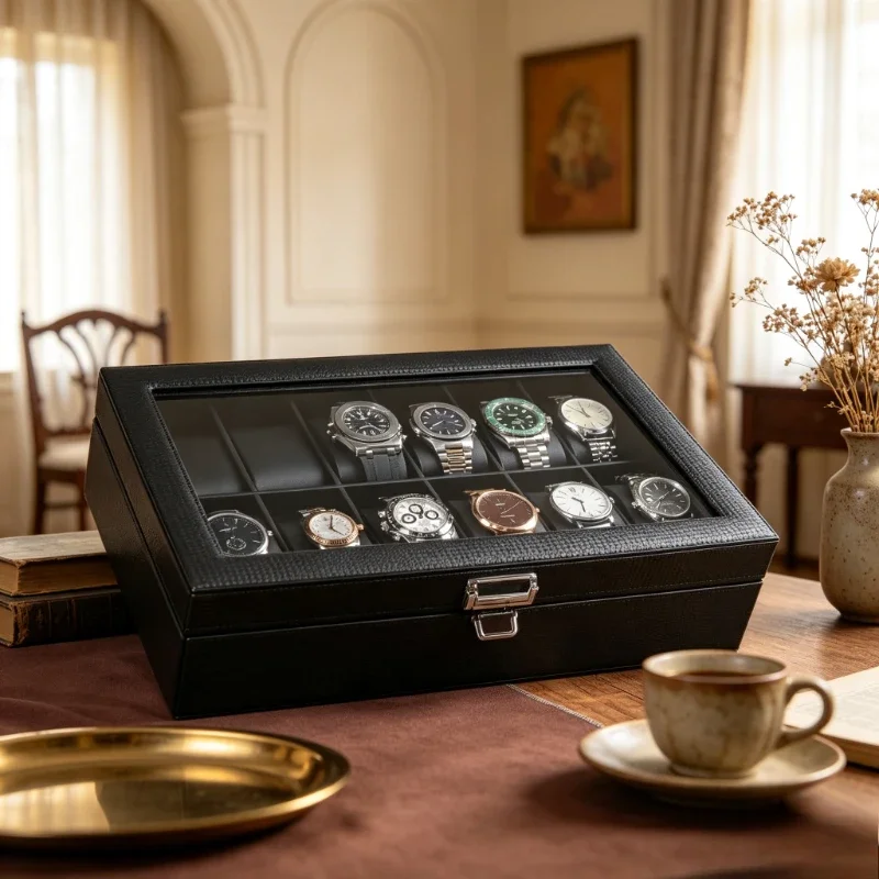 Leather Watch Box Drawer Jewelry Organizer with Lid Compartments Dustproof Ring Earring Display Case for Vanity Dresser 시계 보관함