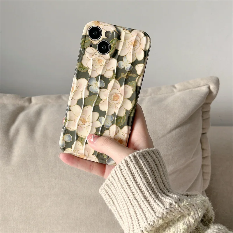 

Retro Oil Painting Phone Case For iPhone 14 ProMax 15 13 12 16 Pro Luxury Flower Print Shockproof Silicone Cover Artistic Decor