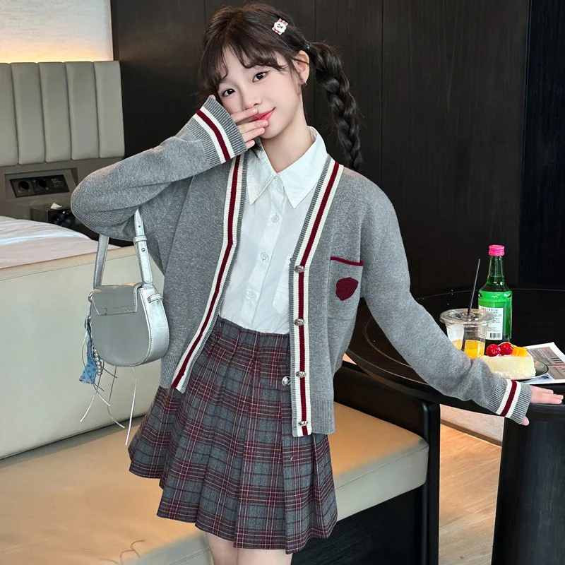 

Autumn School Girls 3pcs Sets Turn Down Collar T-shirt+Striped Knitted Coat+Plaid Pleated Skirt Junior Girls Casual Outfit