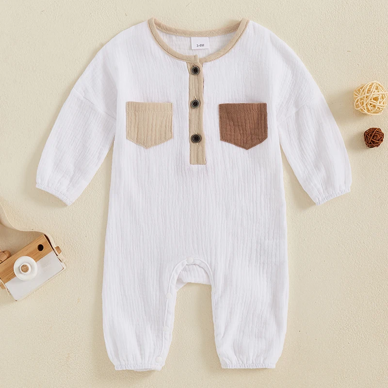 Infant Boys Romper Stylish Long Sleeve Jumpsuit with Color Block Design for Fall Season Cute Newborn Outfit