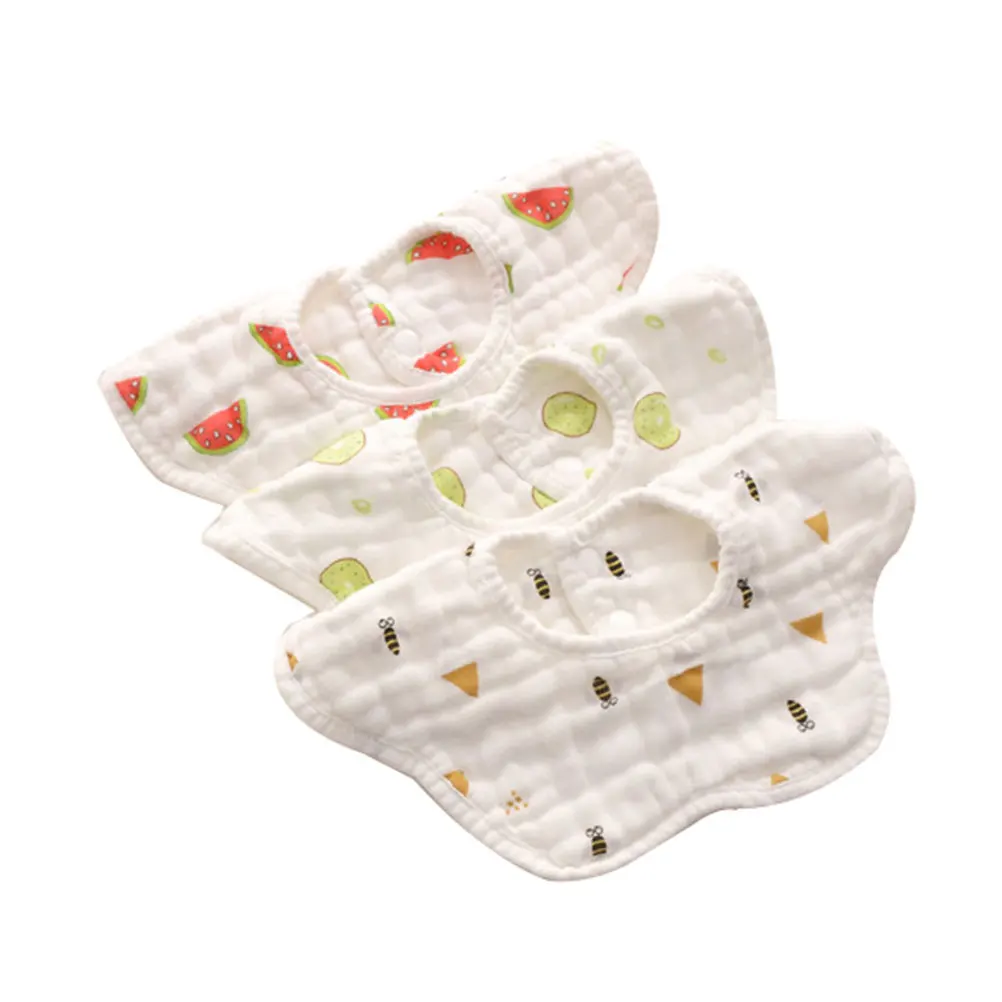 

3pcs Cotton Bibs 8-Layer Gauze Soft Baby Supplies Newborn Rotatable Design Adorable Cartoon Watermelon Kiwi Bee Durable