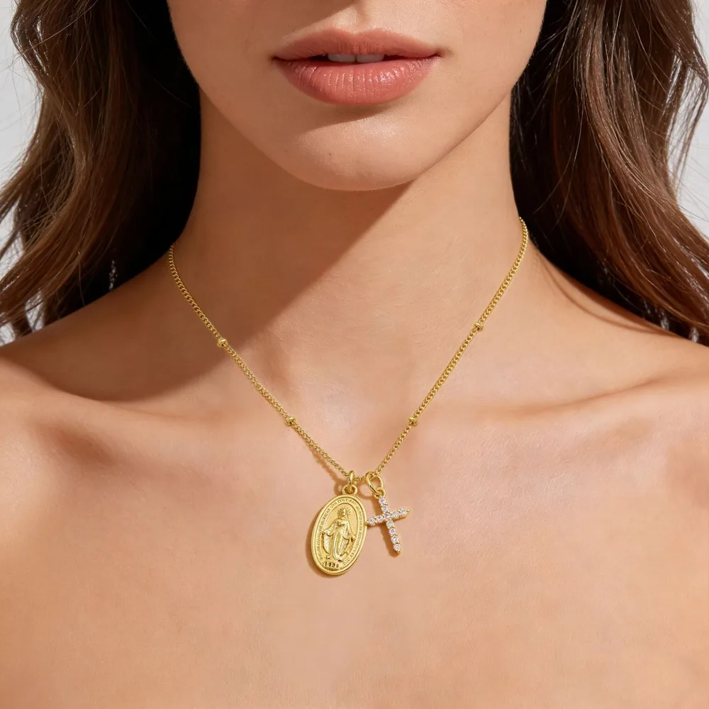 Gold Plated Virgin Mary Cross Pendant Necklace, Cubic Zirconia Inlaid Double Layer Religious Necklace for Women