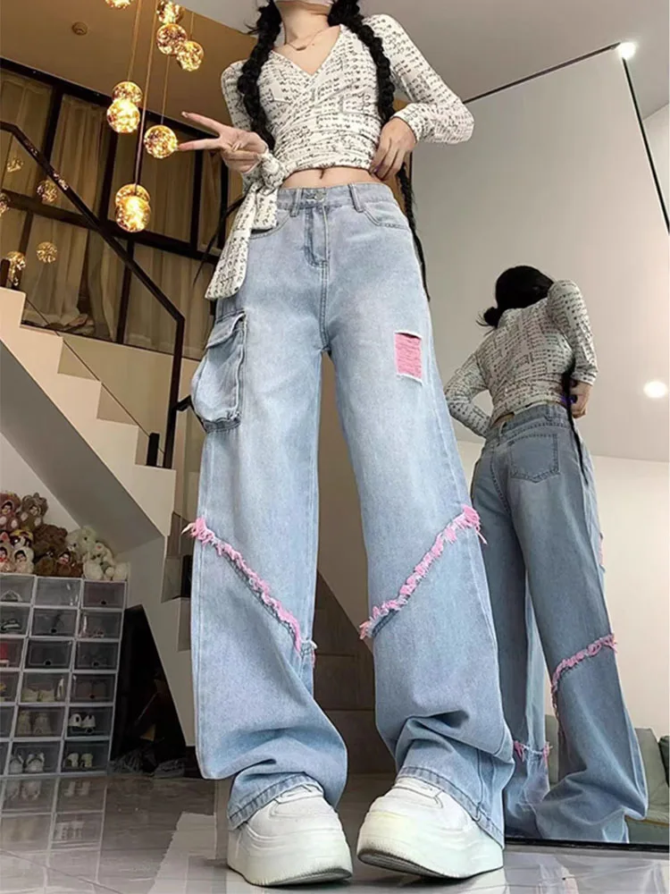 

Sweet Cool High Street Denim Jeans Women's Loose Straight Leg Long Pants Spring 2025 New American Sle Patchwork Jeans