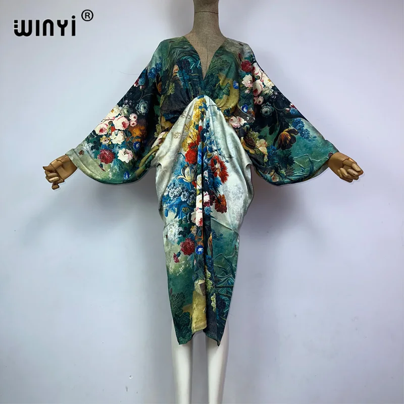 WINYI Bohemian Beach Sexy V-neck Dress High Quality Double Sided Boho Print Elegant silk maxi dress Women Evening party kaftan