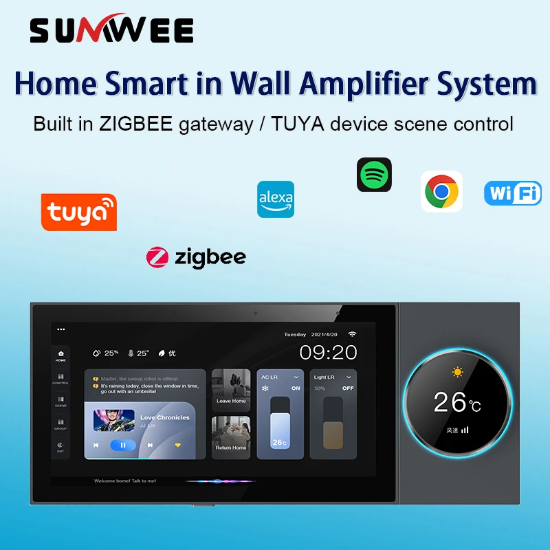 TUYA Smart home Control Panel 6 inch Touch Screen Built-in ZIGBEE Gateway Audio in Wall Amplifier Bluetooths Sound Music Player