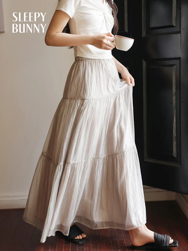Summer Tiered Pleated Midi Skirt for Women High Waist A-Line Elastic Waist Flowy Chiffon Skirt Elegant Lightweight Petite Fit