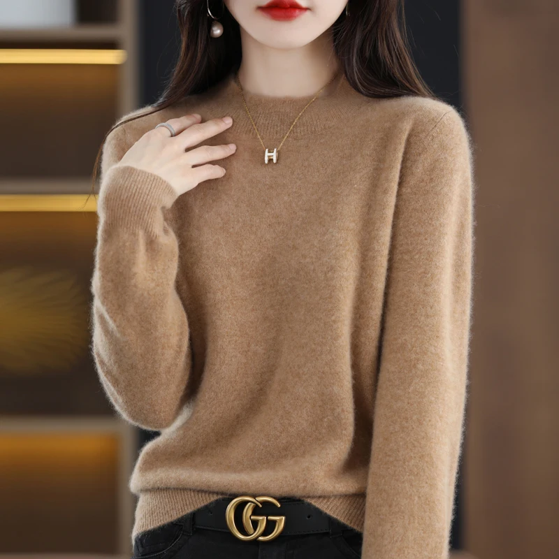 100% Merino Wool Sweater Women Half-high Collar Pullover Autumn Winter Casual Knit Tops Solid Female Cashmere Soft Knitwear