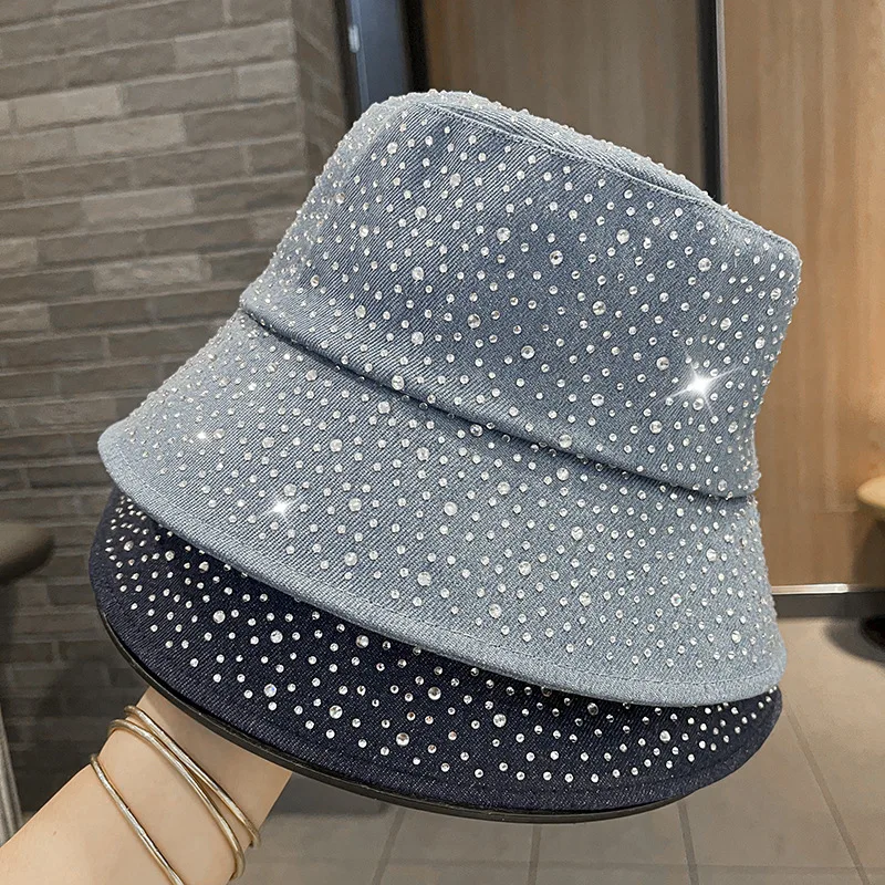 

Full Body Diamond Denim Bucket Hat Luxury Rhinestones Women's Fisherman Hats Foldable Summer Sunscreen Beach Basin Cap