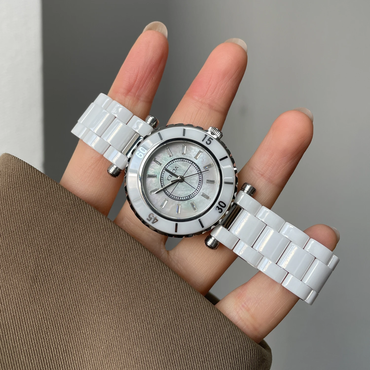 CILOA-Women White Ceramic Watch, Mother of Pearl Dial Multi-function Quartz Wristwatch-751