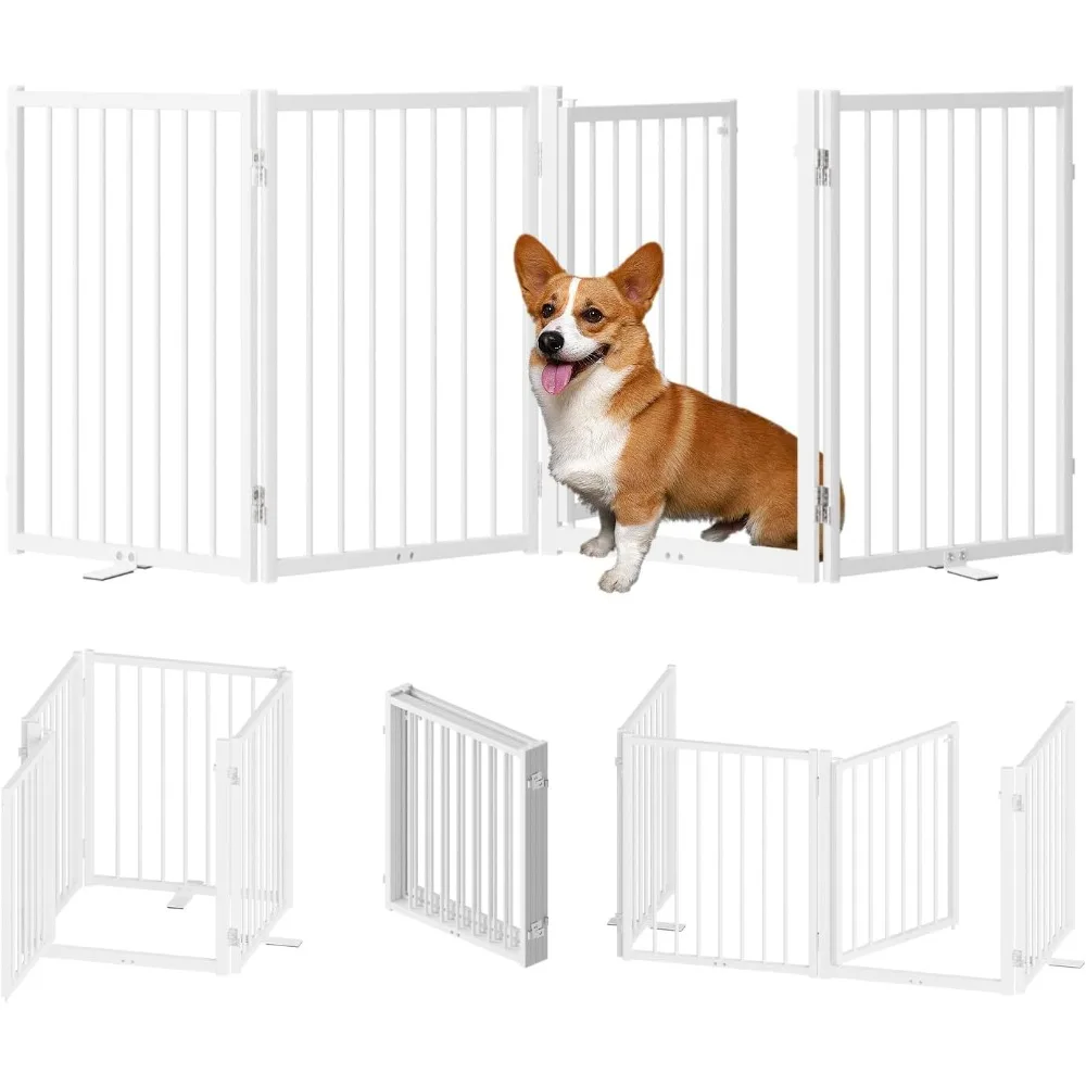 

Full Metal Freestanding Dog Gate with Door, 24'' Height Foldable Pet Dog Fence for Indoor & Outdoor, 4 Panels Extra Wide Free St