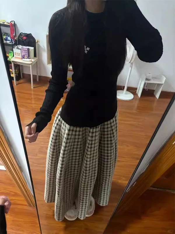 

Юбка трапециевидной формы с высокой талией, женская шерстяная юбка в клетку, утягивающая французская юбка, повседневная одежда, длинная юбка из эластичной ткани