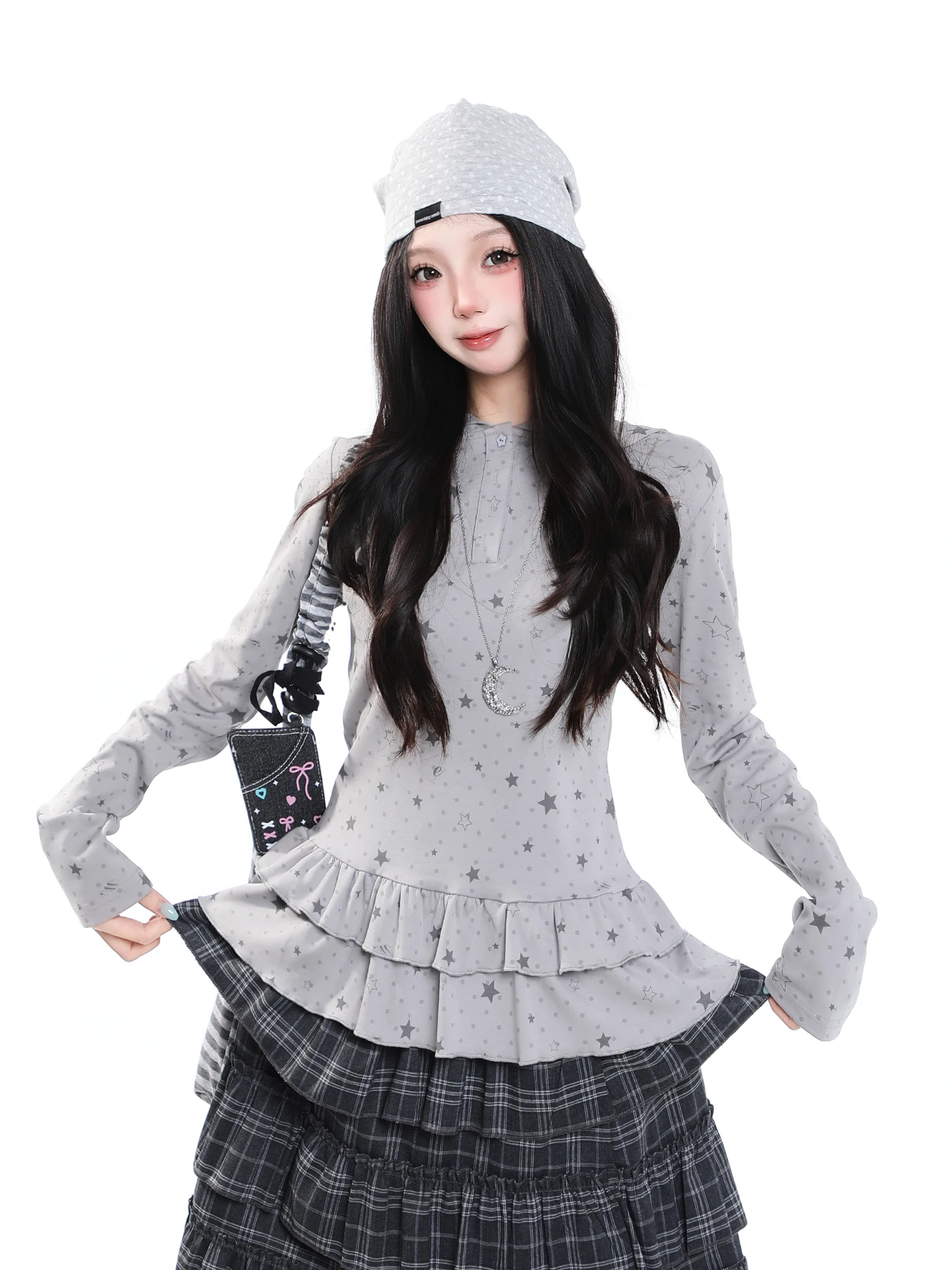 Sweet Cool Cartoon Style Long Sleeve T-Shirt Women's Autumn Waist Cinching Slimming Design Hooded Top Star Print Casual Fashion