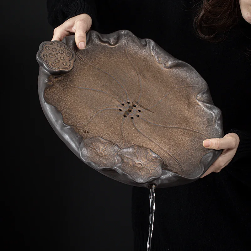 Iron-plated glazed lotus tea tray ceramic water storage and drainage dual-purpose bamboo tea tray tea saucer