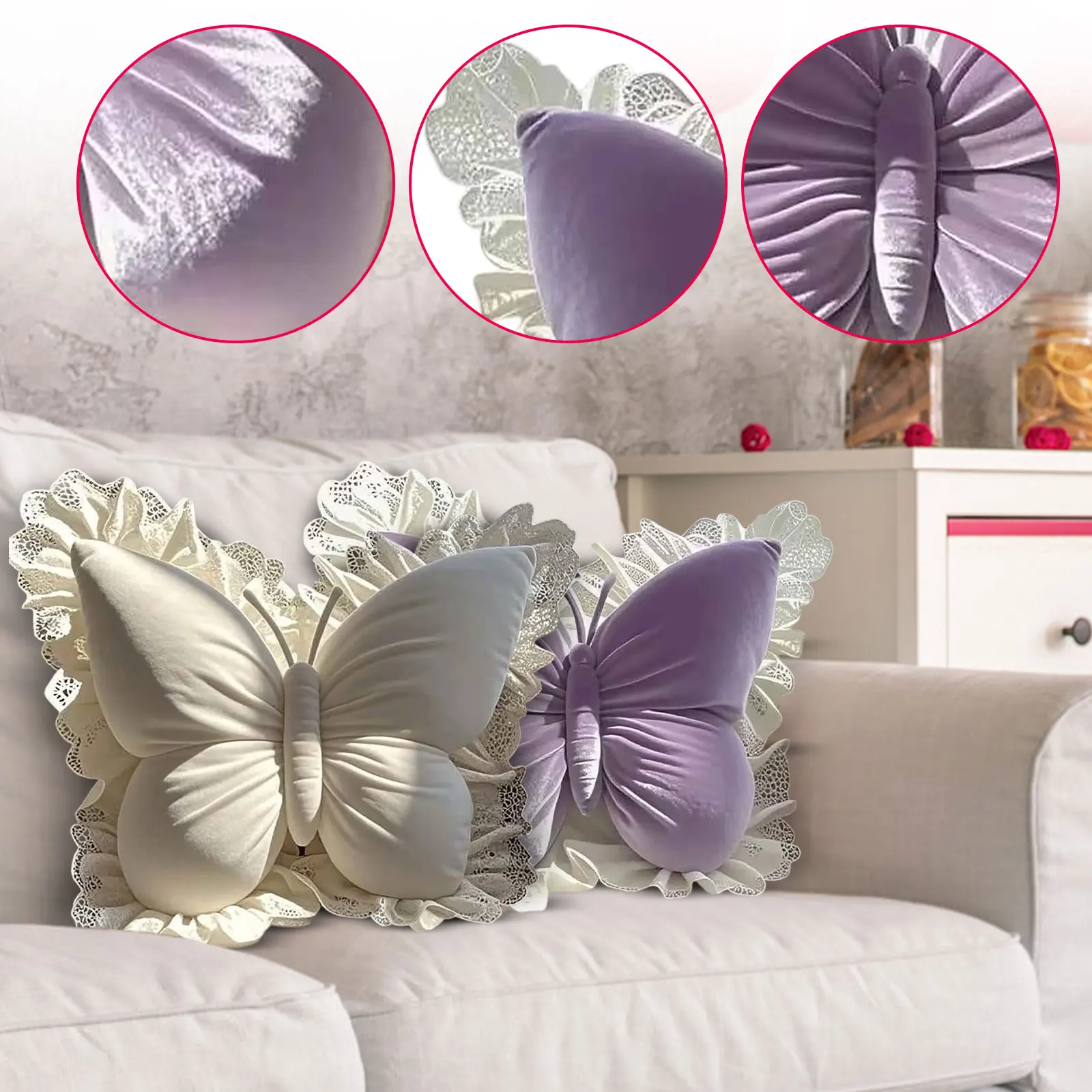 Elegant Butterfly Throw Pillow, Velvet Butterfly Decorative Cushion with Lace Trim, Soft Velvet Stuffed Pillow, Office Cushions