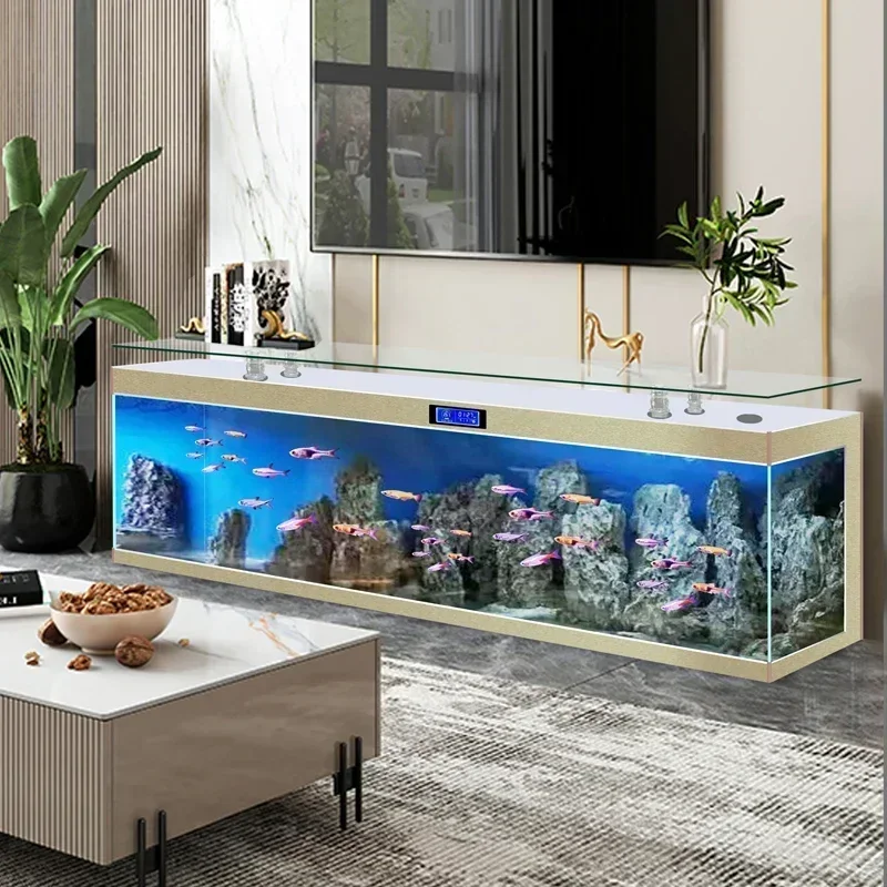 

Super White Glass TV Cabinet Fish Tank Ecological Change Water Floor Type Glass Bar Aquarium