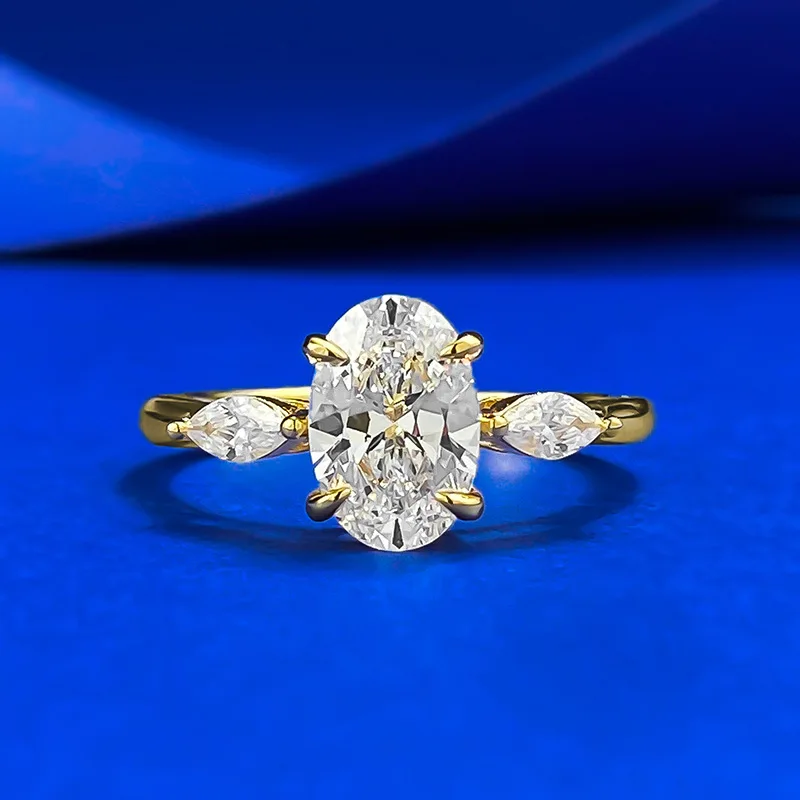 

CKT S925 Sterling Silver 6 * 9 Elliptical Compact Three Stone Ring Immortal Floating Live Cross Border Style Fine Jewelry