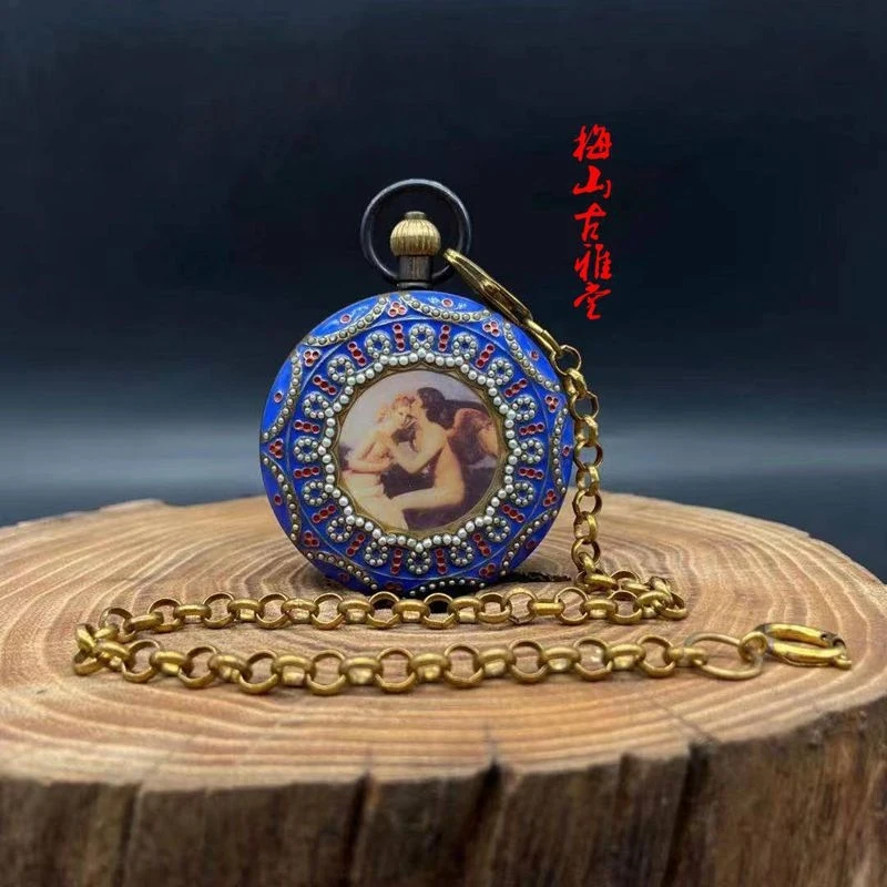Collectible Western Cloisonné Pearl , Pure Copper Double-Open Clock, Pocket Watch, Handheld Ornament