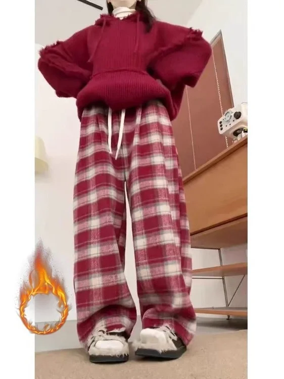 กางเกงขายาวลายสก็อตสีแดงขอบสีดำสำหรับผู้หญิงทรงหลวมเอวสูง ผ้าขนสัตว์ ใส่ได้ทั้งฤดูใบไม้ร่วงและฤดูหนาว ทรงขากว้างลำลอง ทรงตรง