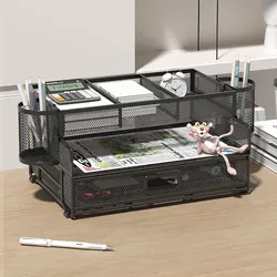 Multi-funcional Mesh Desk Organizer com gaveta, Desktop Paper Mail Organizer, Pen Holder para casa, 3 camadas