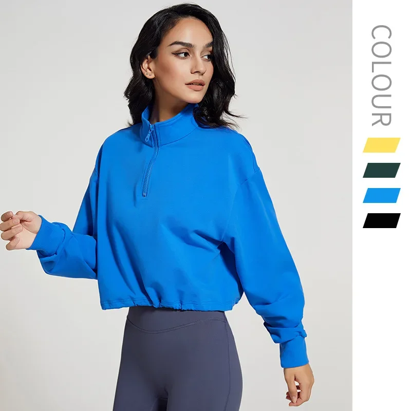 Workout Top Half Zip Hoodie Yoga Shirt Women Long Sleeve Sweatshirt Fitness Sport Active Wear Tennis Running Suit Black Blue