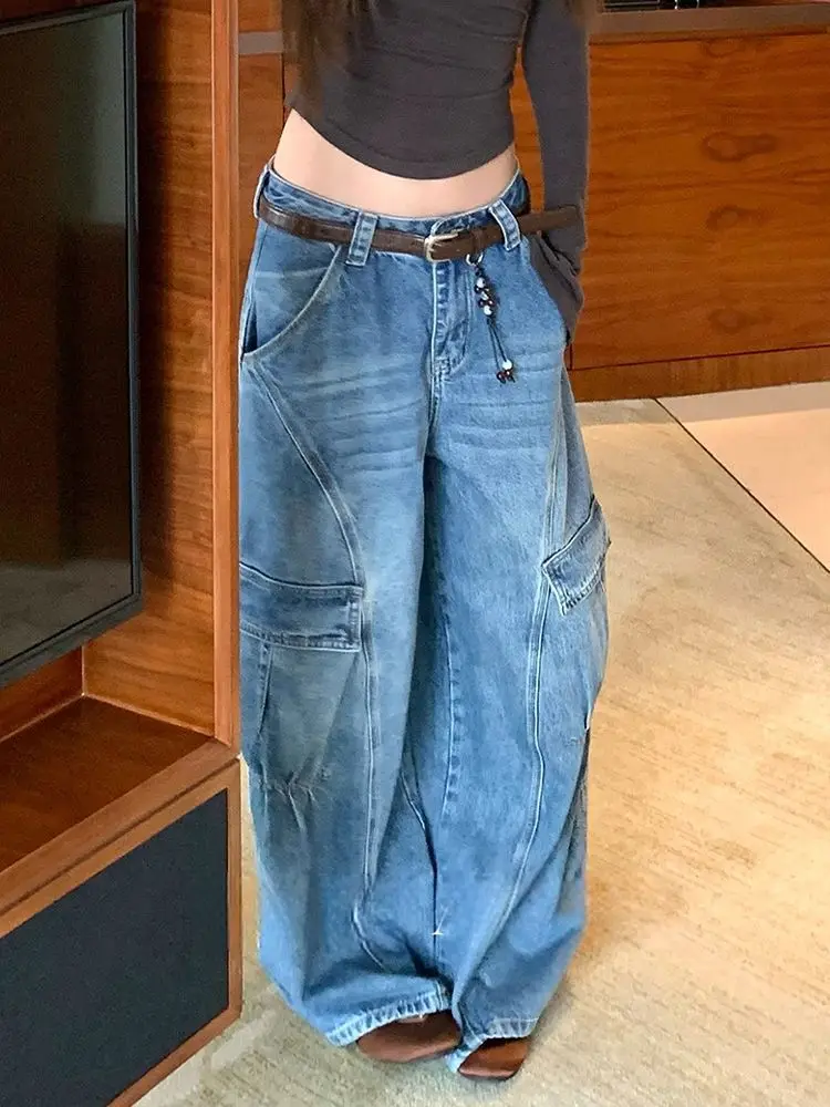 Harajuku nouvelle mode géométrique broderie Baggy jean femmes Y2K haute rue Vintage Hip Hop populaire décontracté Joker pantalon à jambes larges