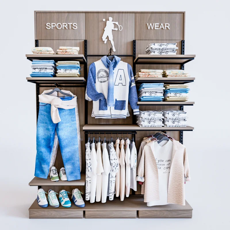 

custom.Wood Wall Mounted Displays Rack Sportswear Cloth Stores Custom Clothing Fixtures Full Shop 3D Design Service