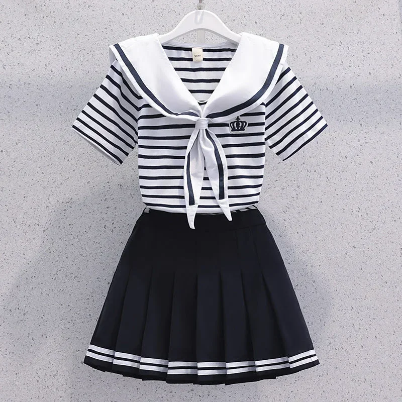 Summer Girls Suit Korean Style Sailor Collar Stripe Short Sleeve+Pleated Skirt 2Pcs Suits Jk Uniform Skirt Outfits for Girl