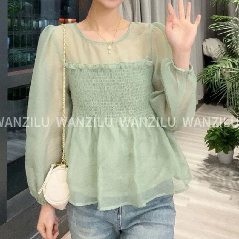 Women Korean Style Ruffle Sweet Chic Slim Blouses Summer Trend Solid Long Sleeve Thin Shirts Casual Round Neck Tops Blusa Mujer