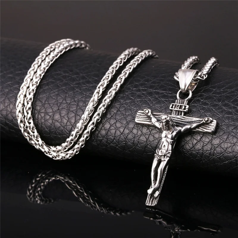 Jewelry for Men Christian Amulet Religious Jesus Cross Necklace Crucifix Pendant Handsome Men Stainless Steel Chain Jewelry