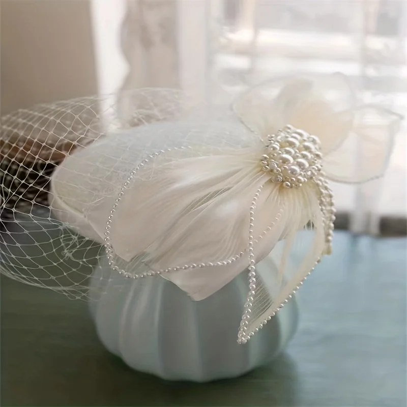 Abito da sposa da sposa copricapo Vintage elegante cappello a cilindro in rete femminile bianco fata Hanfu accessori per capelli Super Fairy Pearl Headdres