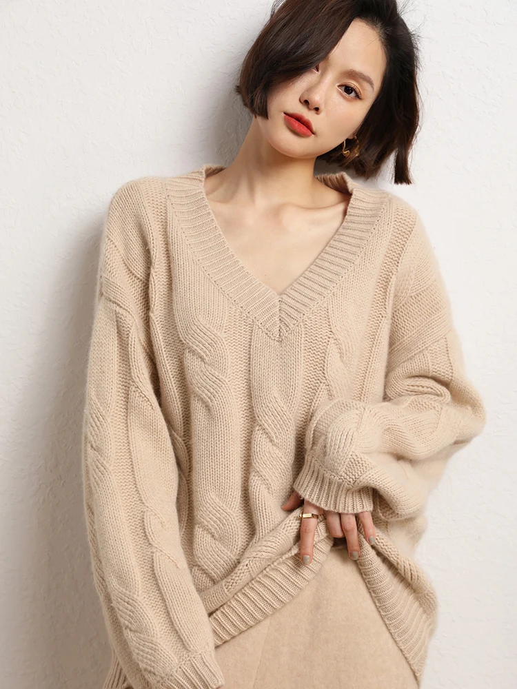 

MEETCC Women 100% Cashmere Sweater V Neck Cable Knitted Pullover Loose Autumn Winter Thickened Outerwear Fashion Chic Top