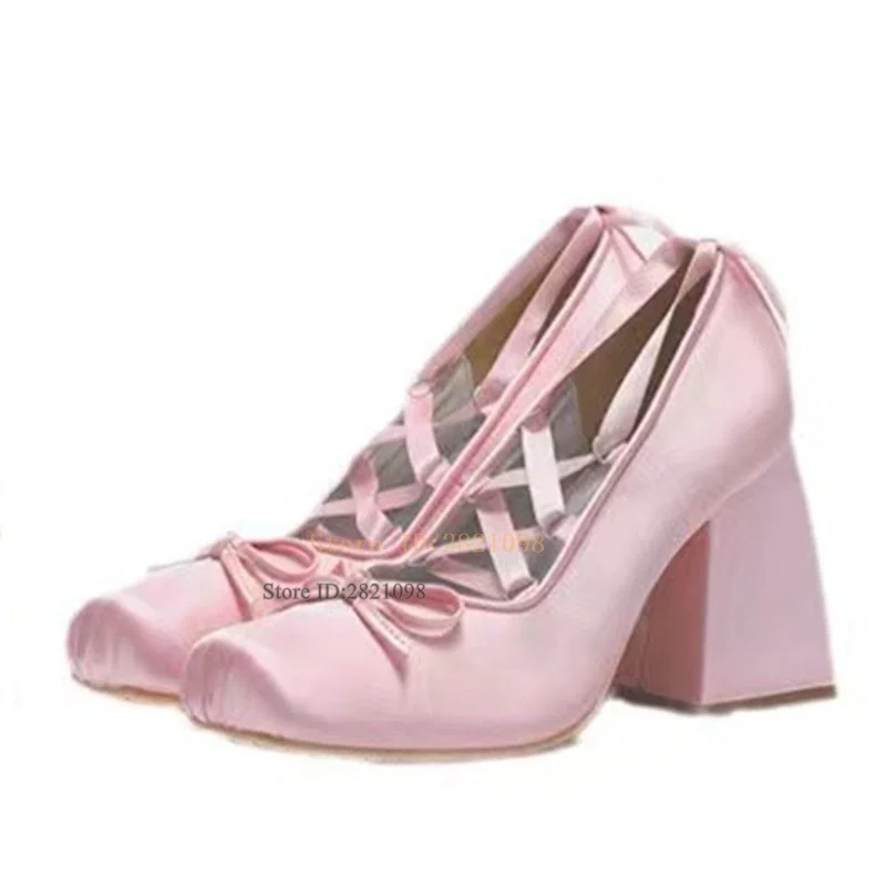 Ballerina Heels Pink Toes Smooth Silk Cross Tied Lace Up Pumps Abnormal Chunky Heels Women Lolita Pumps High Heel Shoes