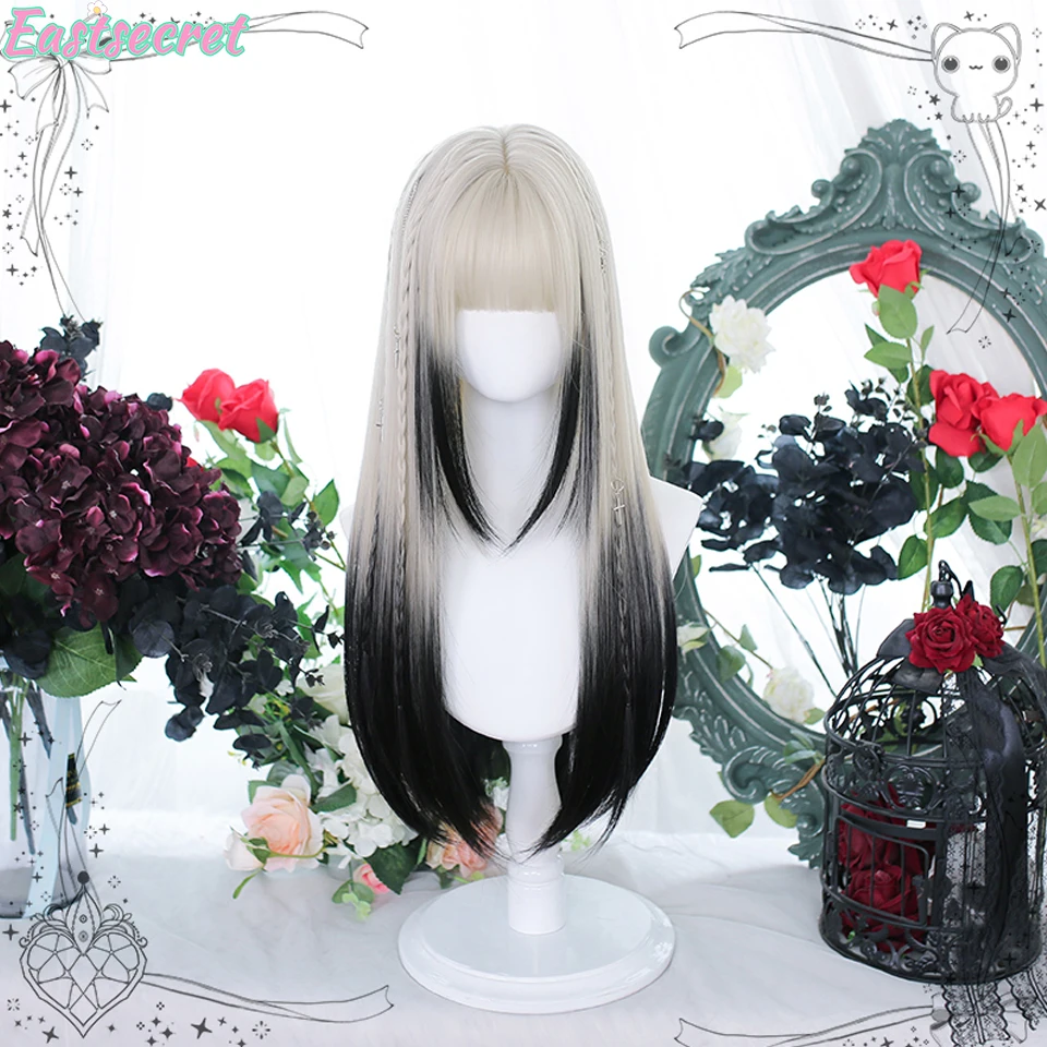 EASTSECRET Synthetic Long Straight Lolita Wig with Bangs Wig Girl Cute Ombre White Black Cosplay Party Halloween Harajuku Wig